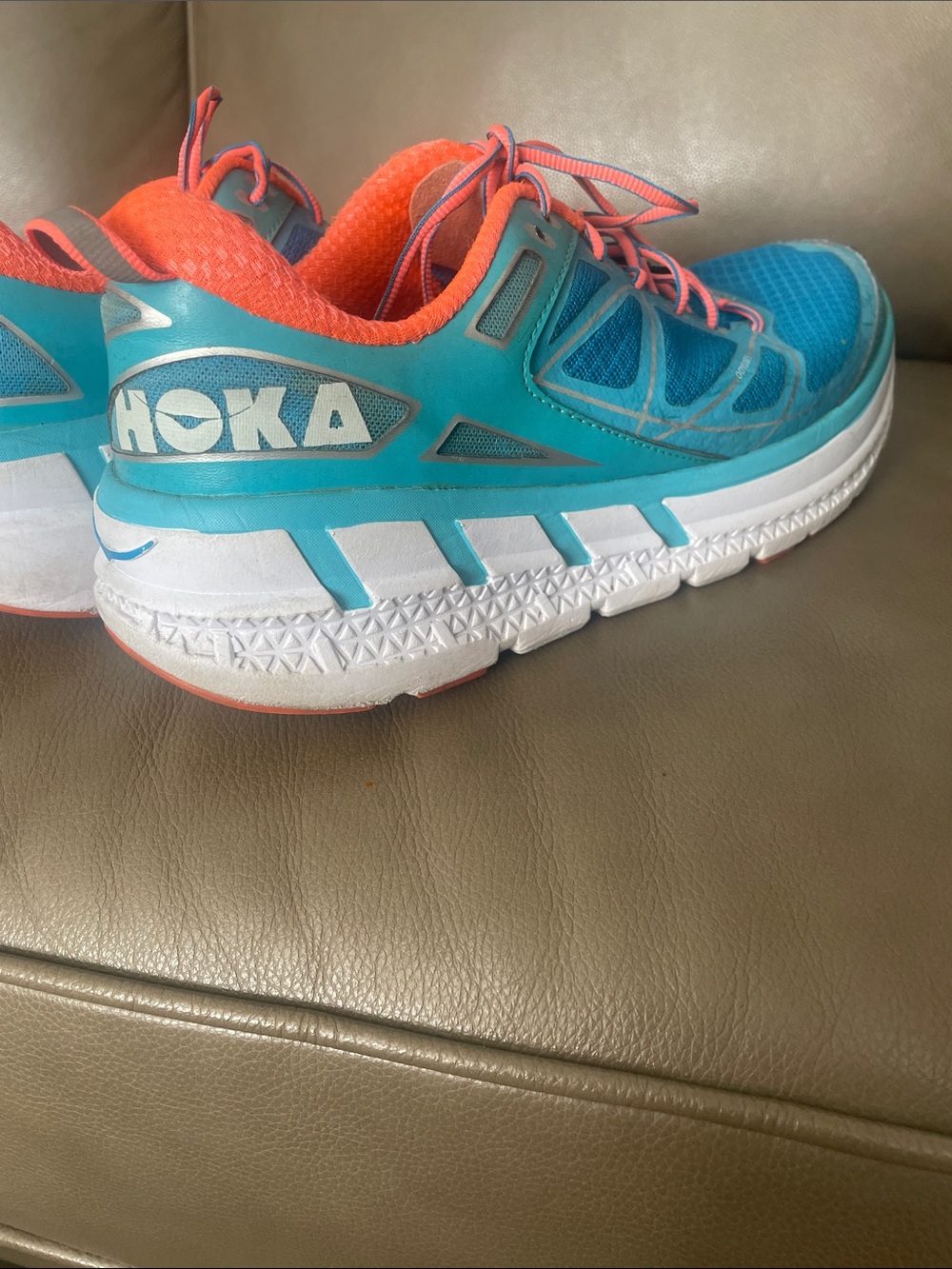 Hoka One One Women's Teal and Orange Cushioned Running Shoes - Picture 5 of 7
